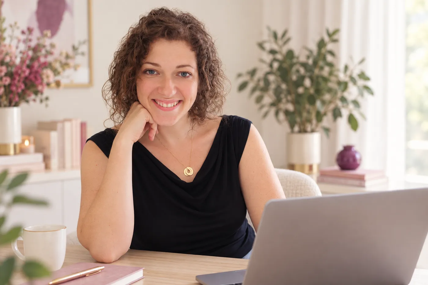 Céline, assise à son bureau, le menton dans la main, sourit à l'objectif devant son ordinateur portable