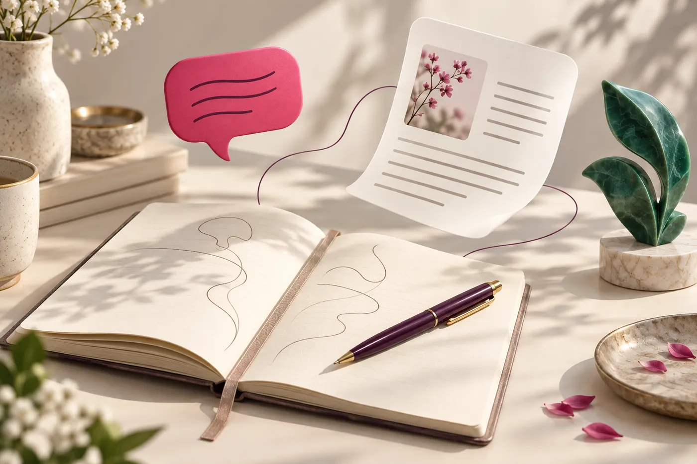 Carnet ouvert avec un stylo prune, une bulle de conversation rose et une page d'article qui flotte au-dessus, sur un bureau clair