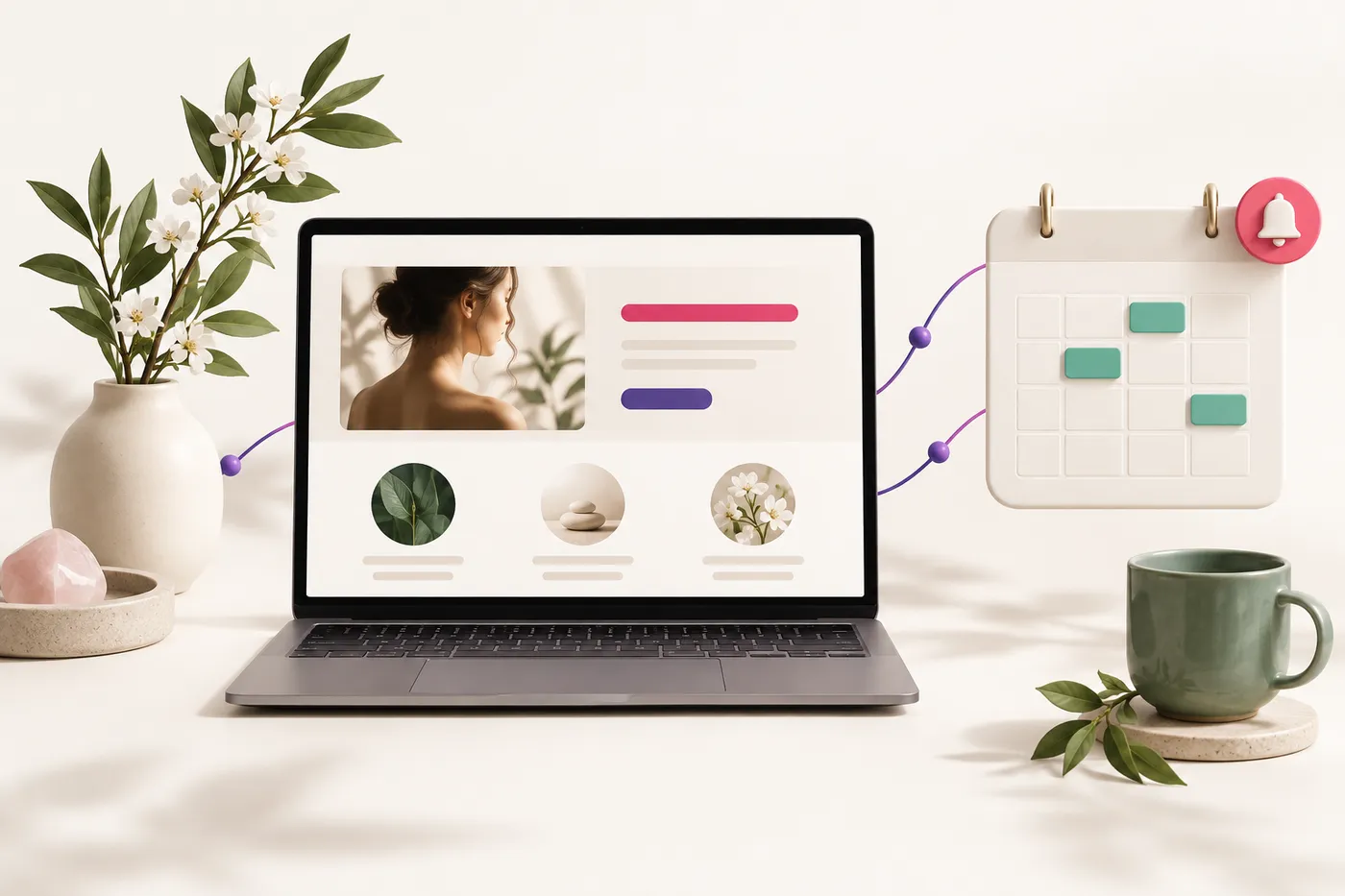 Ordinateur portable ouvert sur le site d'une praticienne, relié à un agenda où trois créneaux sont réservés, avec une cloche de notification